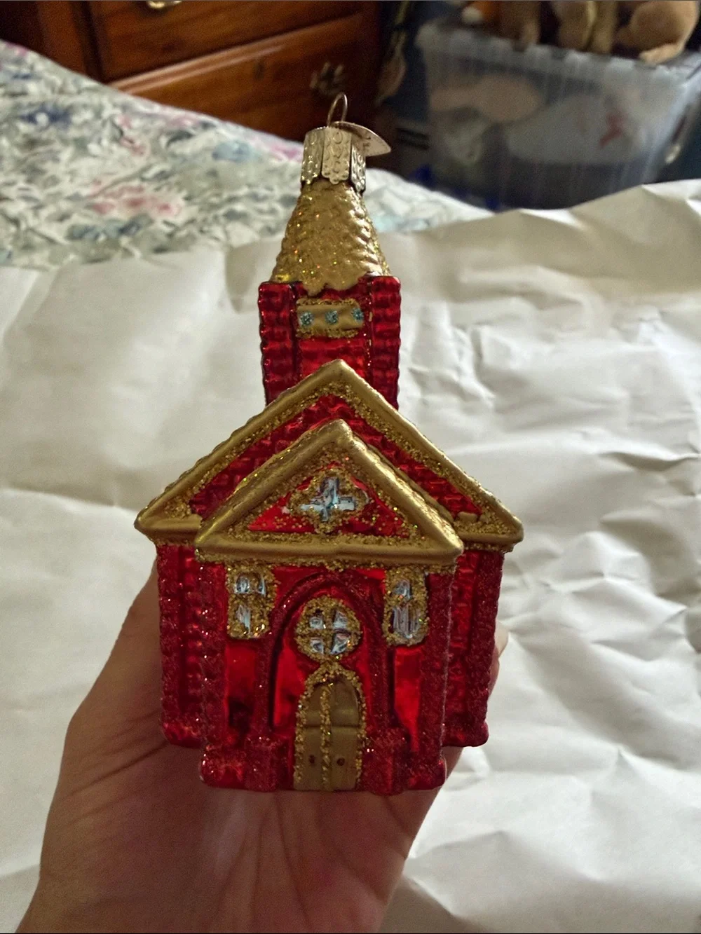 OWC Holiday Glitter Church Ornament - Gold & Red